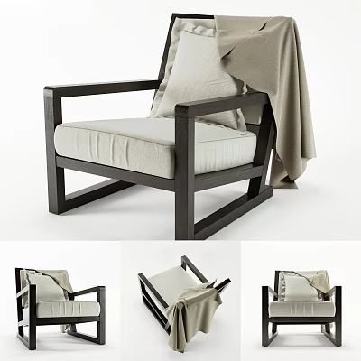 Modern Single Sofa With Black Wooden Frame Light Beige Fabric Cushion And Draped Blanket 3d model
