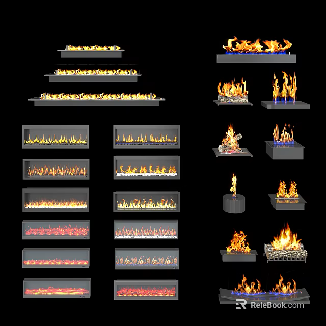Various Modern Fireplace Designs With Different Flame Effects For Interior Decor 3d model