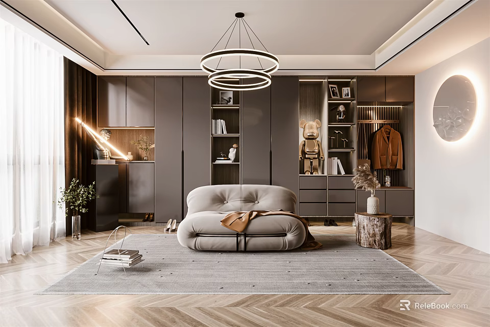 Modern Walk-in Closet Interior Design With Cabinets Display Shelves Sofa And Rug 3d model 