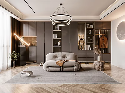 Modern Walk-in Closet Interior Design With Cabinets Display Shelves Sofa And Rug 3d model