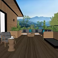 Serene Patio Garden With Wooden Deck Outdoor Sofa Chairs Water Feature And Mountain Lake View