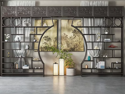 Traditional Chinese Antique Display Shelf With Decorative Items Potted Plant And Landscape Painting 3d model