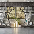 Traditional Chinese Antique Display Shelf With Decorative Items Potted Plant And Landscape Painting
