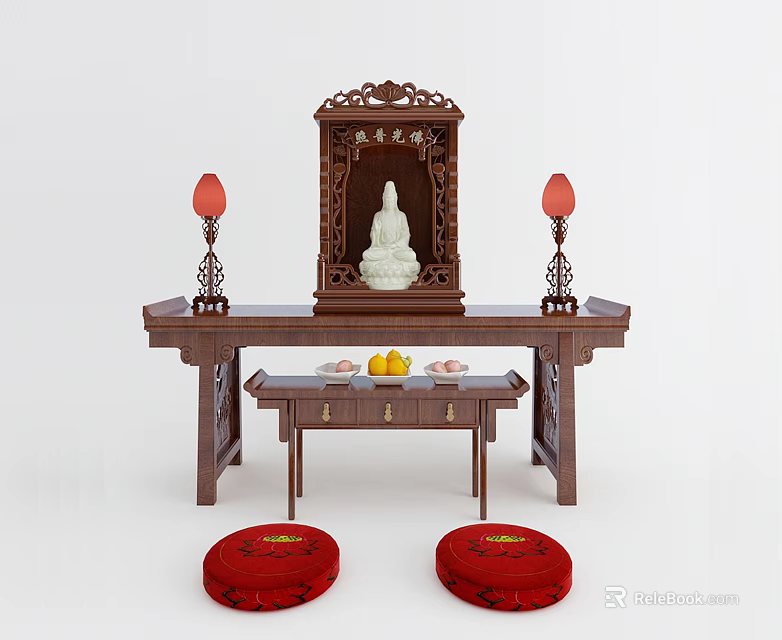 Wooden Buddhist Shrine Cabinet With Buddha Statue Offering Table Fruit Offerings And Red Lanterns 3d model 