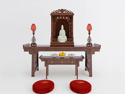 Wooden Buddhist Shrine Cabinet With Buddha Statue Offering Table Fruit Offerings And Red Lanterns 3d model