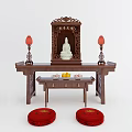 Wooden Buddhist Shrine Cabinet With Buddha Statue Offering Table Fruit Offerings And Red Lanterns