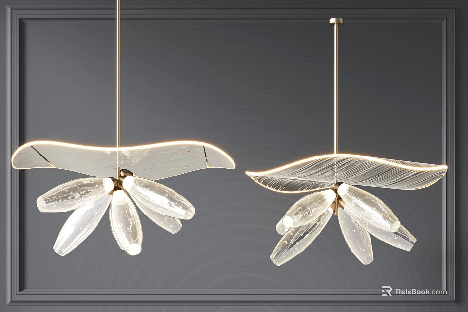 Modern Leaf Shaped Glass Chandeliers With Golden Metal Frame And Illuminated Design 3d model 