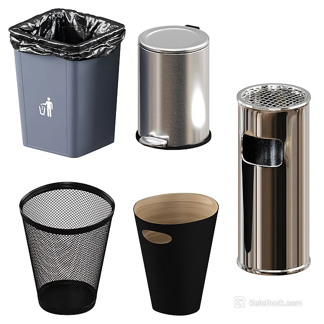 Public Facility Trash Bins With Metal Mesh Covered Design And Gray Silver Black Colors 3d model 