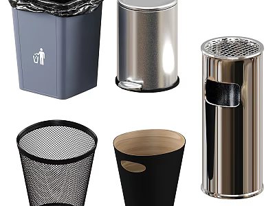 Public Facility Trash Bins With Metal Mesh Covered Design And Gray Silver Black Colors 3d model