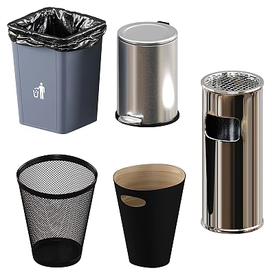 Public Facility Trash Bins With Metal Mesh Covered Design And Gray Silver Black Colors 3d model