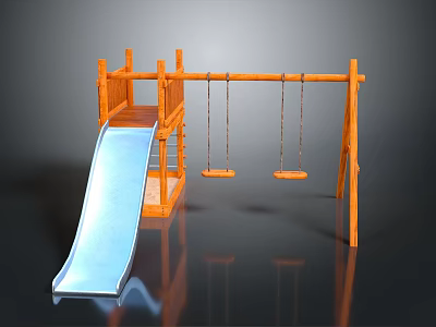 Outdoor Wooden Playground Structure with Slide Platform and Two Swings 3d model