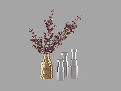 Elegant Golden Vase With Purple Red Flowers And Silver Decorative Bottles 3d model