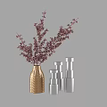 Elegant Golden Vase With Purple Red Flowers And Silver Decorative Bottles