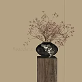 Elegant Black White Ceramic Vase With Dried Small Pink Flowers On Wooden Pedestal