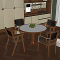 Minimalist Round Table With Woven Backrest Chairs For Home Dining Area 3d model