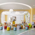 Bright Kindergarten Interior With Cloud Pendant Lights Colorful Stools Reception Desk And Green Plants