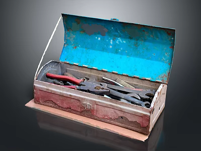 Open Vintage Toolbox with Blue Lid and Red Base Containing Hardware Tools Pliers and Screwdrivers 3d model