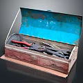 Open Vintage Toolbox with Blue Lid and Red Base Containing Hardware Tools Pliers and Screwdrivers