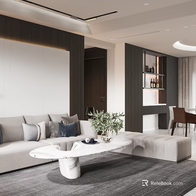 Elegant Modern Open Living Dining Room Interior With Gray Sofa And White Marble Coffee Table 3d model 