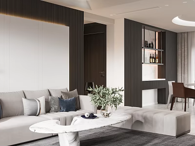 Elegant Modern Open Living Dining Room Interior With Gray Sofa And White Marble Coffee Table 3d model