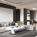 Elegant Modern Open Living Dining Room Interior With Gray Sofa And White Marble Coffee Table