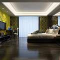 Modern Hotel Room Interior Design With King Bed TV And Decorative Wall
