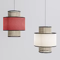 Modern Pendant Lights With Red And White Fabric Shades And Metal Mesh Frames