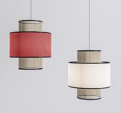 Modern Pendant Lights With Red And White Fabric Shades And Metal Mesh Frames 3d model