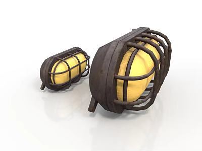 Two Vintage Yellow Globe Lamps With Dark Metal Frame Design 3d model