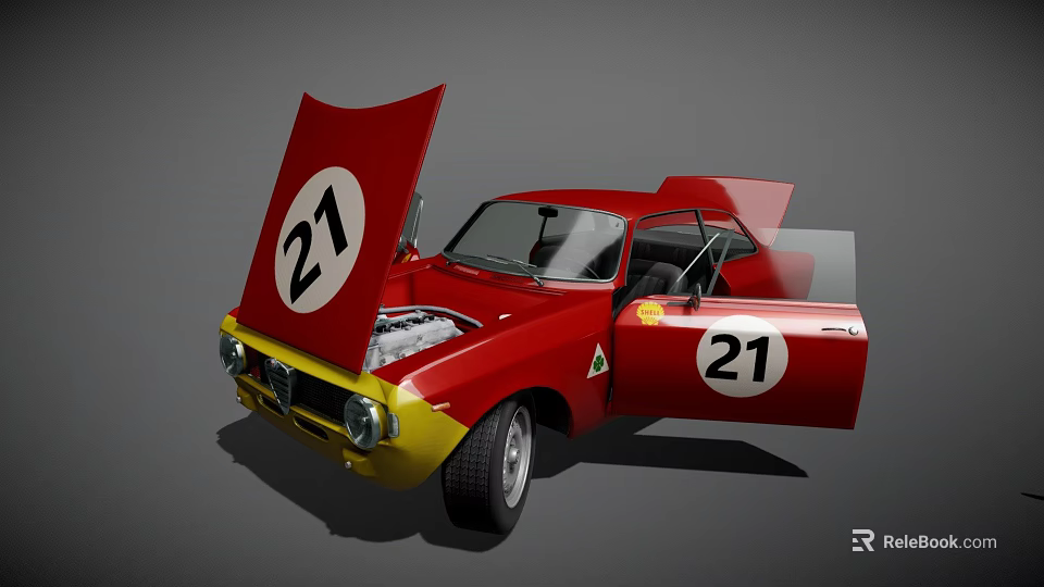 Red Vintage Race Car With Number 21 Open Doors And Yellow Front 3d model 