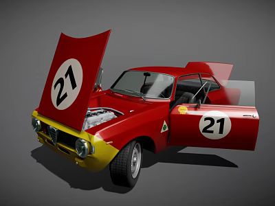 Red Vintage Race Car With Number 21 Open Doors And Yellow Front 3d model