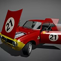 Red Vintage Race Car With Number 21 Open Doors And Yellow Front