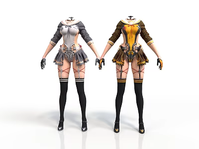 Woman In Stylish Silver Gray And Yellow Brown Outfits With Thigh High Socks And Gloves 3d model