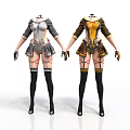 Woman In Stylish Silver Gray And Yellow Brown Outfits With Thigh High Socks And Gloves