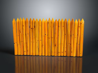 Yellow Wooden Fence With Pointed Tops And Vertical Slats On Gray Background 3d model