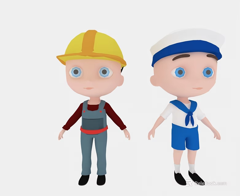 Two Adorable Cartoon Characters With Yellow Helmet Gray Overalls And Blue White Sailor Uniform 3d model 
