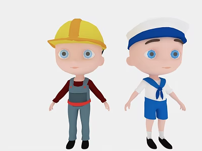 Two Adorable Cartoon Characters With Yellow Helmet Gray Overalls And Blue White Sailor Uniform 3d model
