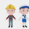 Two Adorable Cartoon Characters With Yellow Helmet Gray Overalls And Blue White Sailor Uniform