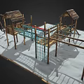 Wooden Playground Equipment with Red Slide Swings Climbing Net and Platforms