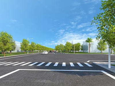 Municipal Road with Zebra Crossing Lined by Trees and Street Lamps Under Blue Sky 3d model