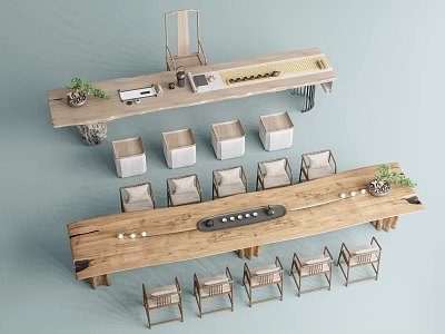 Natural Wooden Tea Table and Rattan Chairs with Tea Tray and Potted Plants 3d model