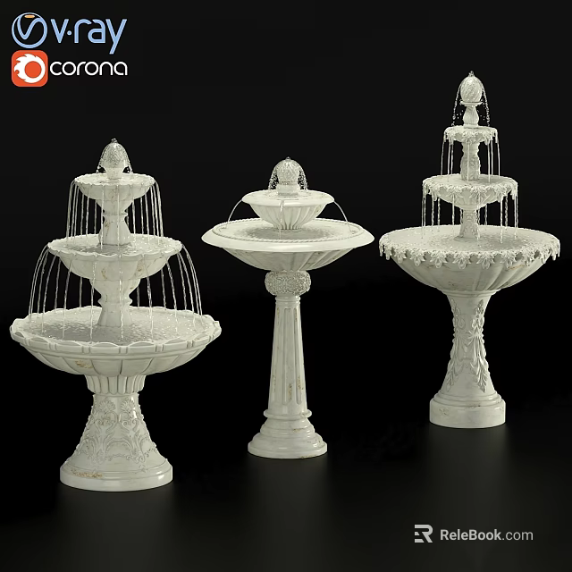 Ornamental White Garden Fountains With Various Decorative Designs And Details 3d model 