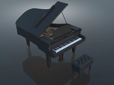 Black Grand Piano With Open Lid And Padded Stool For Music Performance 3d model