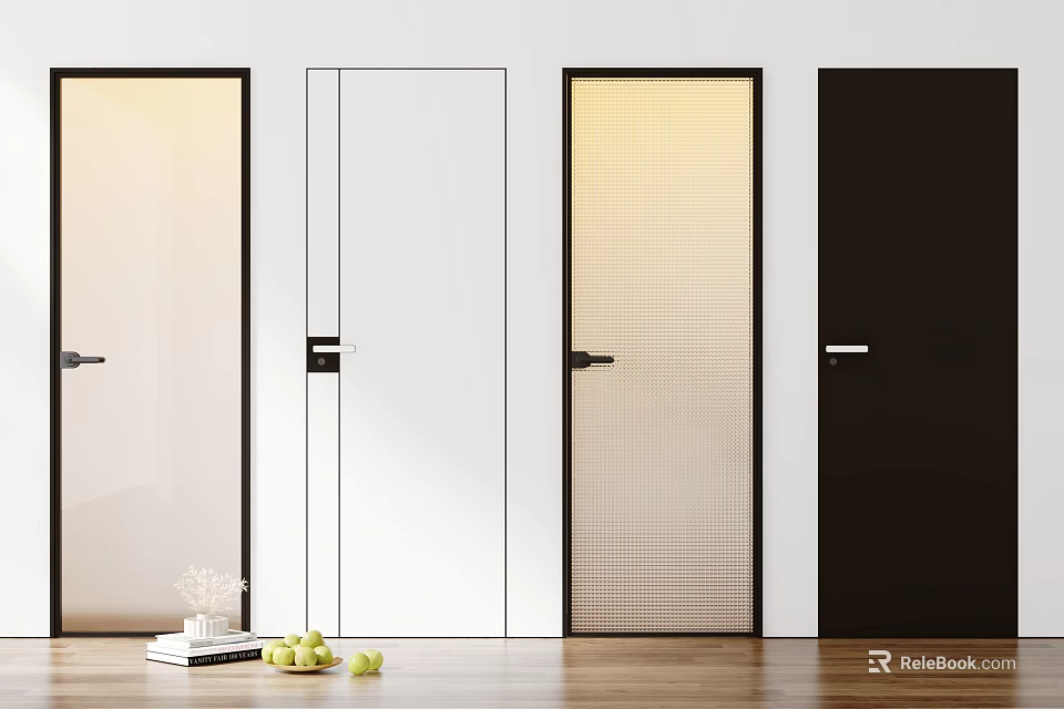 Modern Hinged Doors With Glass White And Black Design On Wooden Floor 3d model 
