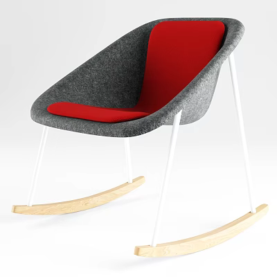 Modern Gray and Red Rocking Chair with White Legs and Wooden Base 3d model