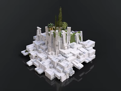 White Stone Ancient Structure With Columns Cubic Blocks And Green Plants 3d model