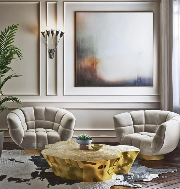 Leisure Sofa Set with Beige Velvet Chairs Golden Coffee Table Wall Art and Green Plant 3d model 