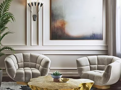Leisure Sofa Set with Beige Velvet Chairs Golden Coffee Table Wall Art and Green Plant 3d model