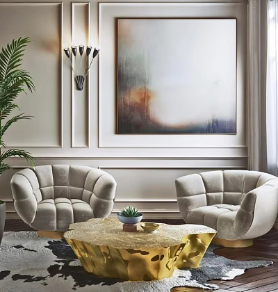 Leisure Sofa Set with Beige Velvet Chairs Golden Coffee Table Wall Art and Green Plant 3d model