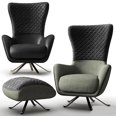 Modern Quilted Armchairs With Black Gray Upholstery Ottoman And Metal Base Design 3d model